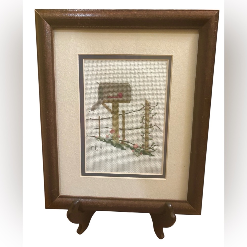 Framed Vintage Cross-Stitch Mailbox Art 9.5 X 11 inches from 1997